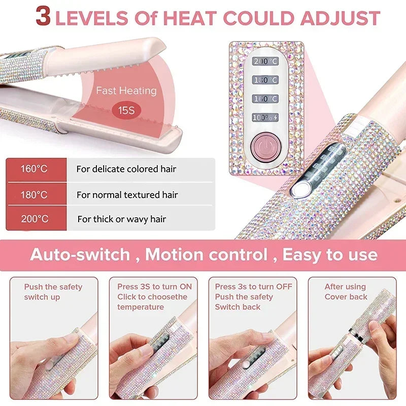 2-IN-1 Electric USB Hair Straightener Curler Fashion Colored Diamond Design Wireless Travel Hair Straightening Styler Brush