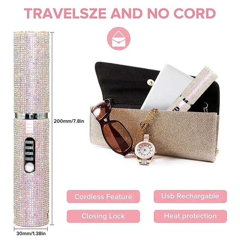 2-IN-1 Electric USB Hair Straightener Curler Fashion Colored Diamond Design Wireless Travel Hair Straightening Styler Brush