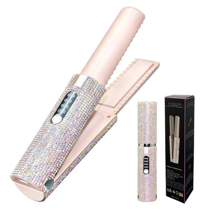 2-IN-1 Electric USB Hair Straightener Curler Fashion Colored Diamond Design Wireless Travel Hair Straightening Styler Brush